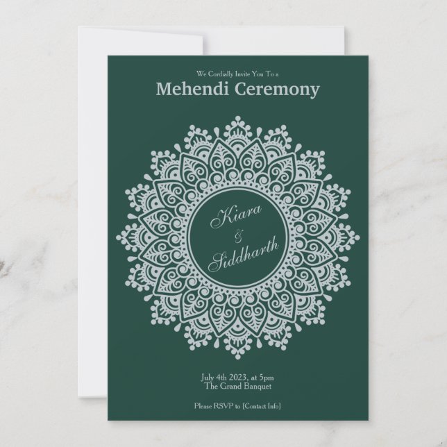 Customizable Silver Emerald Mehendi Henna Indian Invitation (Front)