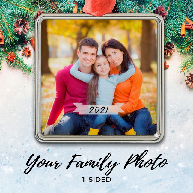 Customizable Simple Family Photo Christmas Metal Ornament (Creator Uploaded)