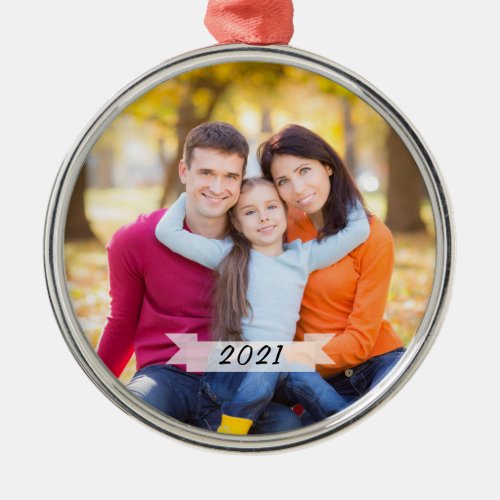 Customizable Simple Family Photo Christmas Metal Ornament