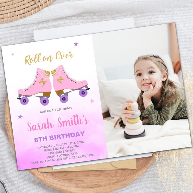 Customizable Skating Party Invitations for Kids (Pink Glitter Skating Birthday Invitations w photo)