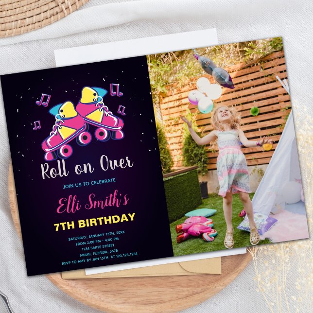 Customizable Skating Party Invitations for Kids (Pink Yellow Skate Invitations with photo)