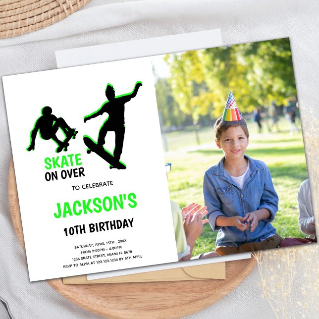 Customizable Skating Party Invitations for Kids (Green Skateboards Invitations with photo)