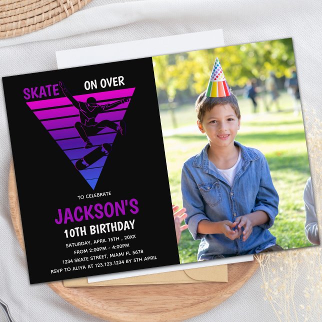 Customizable Skating Party Invitations for Kids (Purple Blue Skateboards Birthday Invitations photo)