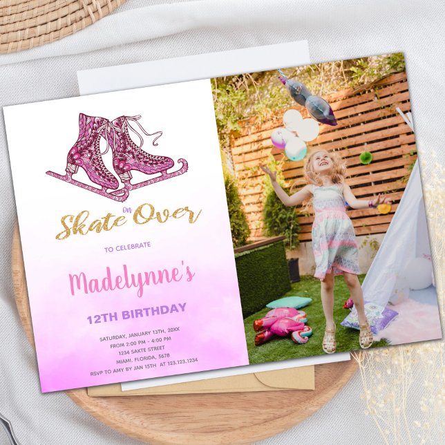 Customizable Skating Party Invitations for Kids (Pink Ice Skating Birthday Invitations with photo)