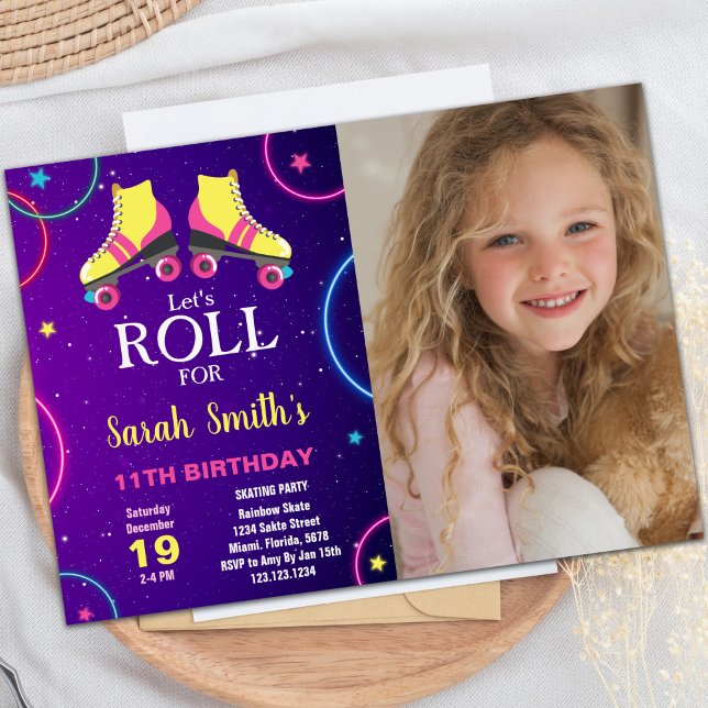 Customizable Skating Party Invitations for Kids (Yellow Pink Skating Birthday Invitations w photo)