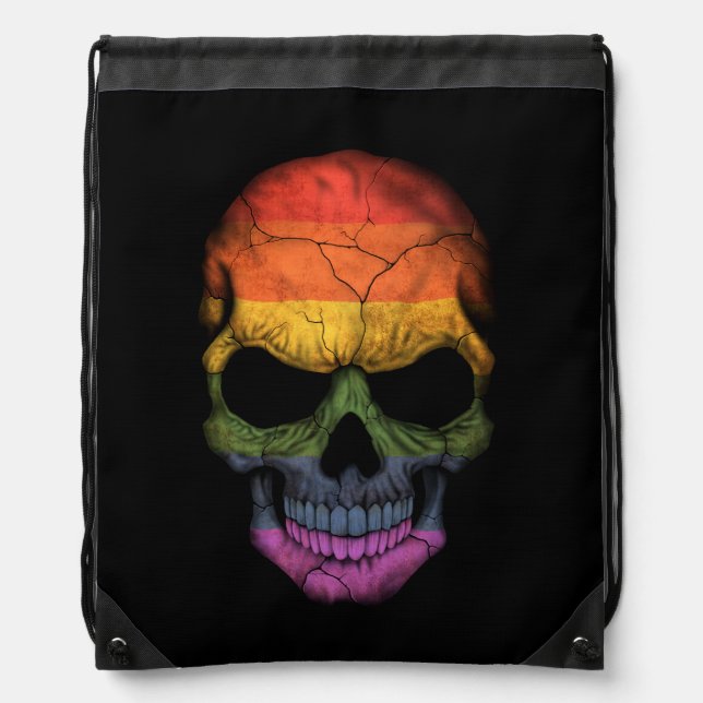 Customizable Skull with Gay Pride Rainbow Flag Drawstring Bag (Front)
