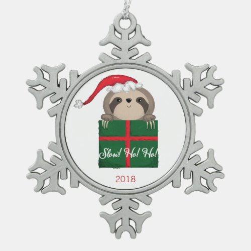 Customizable Slow Ho Ho Sloth Christmas Santa Snowflake Pewter Christmas Ornament