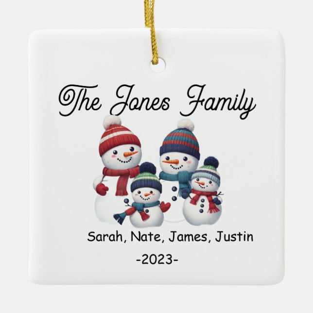 Customizable Snowman Family of 4 Holiday Ceramic Ornament (Front)