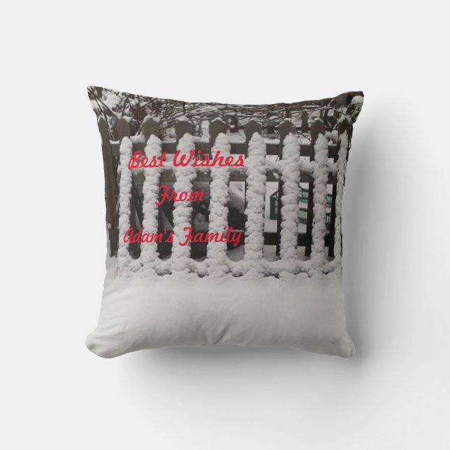 Customizable snowy picket fence throw pillow (Front)