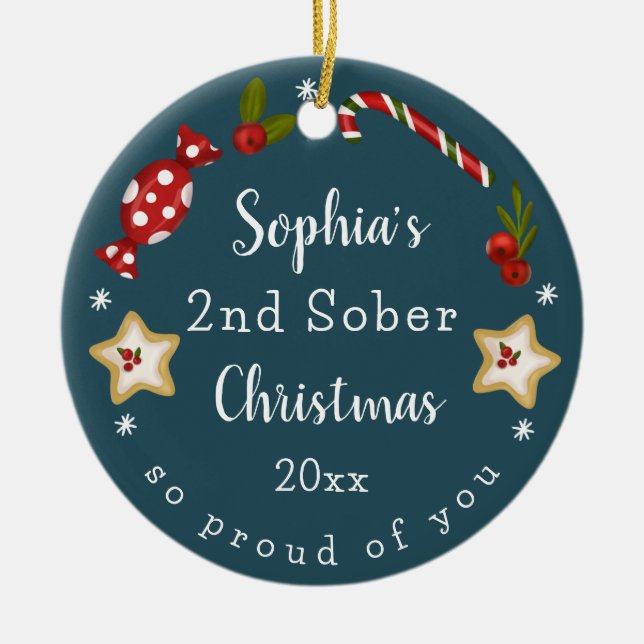 Customizable Sobriety Keepsake Sober Christmas Ceramic Ornament (Front)