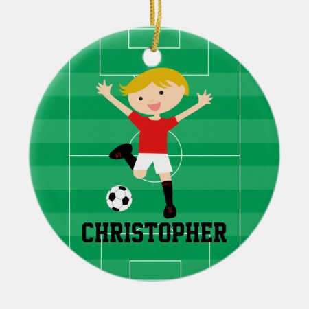 Customizable Soccer Boy 1 Red And White Ceramic Ornament