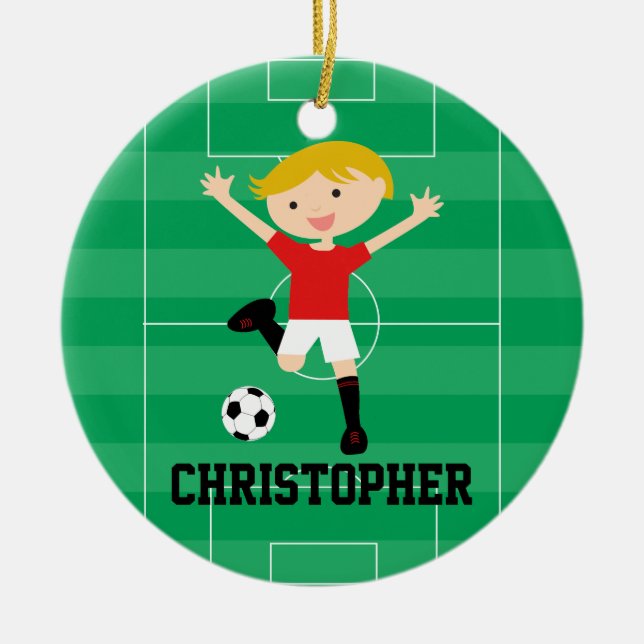 Customizable Soccer Boy 1 Red and White Ceramic Ornament (Front)