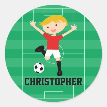 Customizable Soccer Boy 1 Red And White Classic Round Sticker by CelebrationBazaar at Zazzle