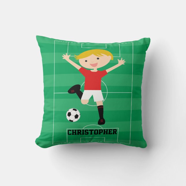 Customizable Soccer Boy 1 Red and White Throw Pillow (Front)