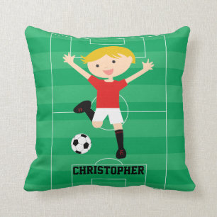 Customizable Soccer Boy 1 Red and White Throw Pillow