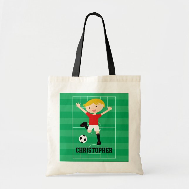 Customizable Soccer Boy 1 Red and White Tote Bag (Front)