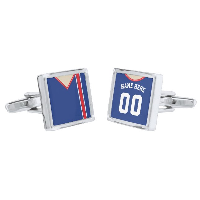 Customizable Soccer Jersey Cuff Links, Blue Silver Cufflinks (Angled)