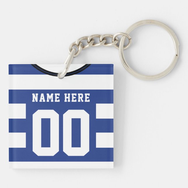 Customizable Soccer Jersey Keyring, Blue Stripes Keychain (Back)