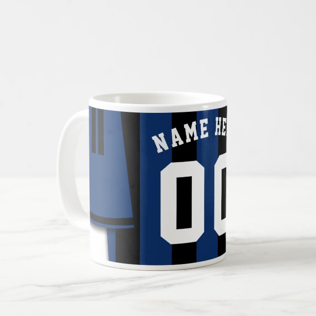 Customizable Soccer Jersey Mug, Black Blue Stripes Coffee Mug (Front Left)