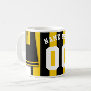 Customizable Soccer Jersey Mug, Black Gold Stripes Coffee Mug