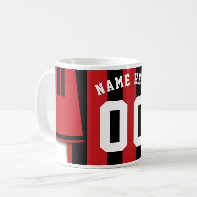 Customizable Soccer Jersey Mug, Black Red Stripes Coffee Mug (Front Left)