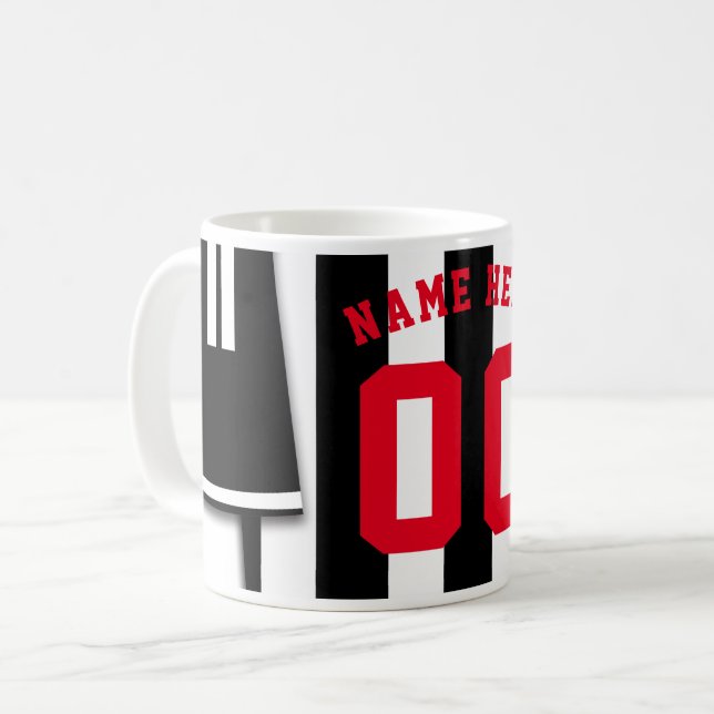 Customizable Soccer Jersey Mug Black White Stripes (Front Left)
