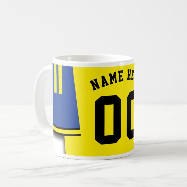 Customizable Soccer Jersey Mug, Blue & Yellow Coffee Mug (Front Left)