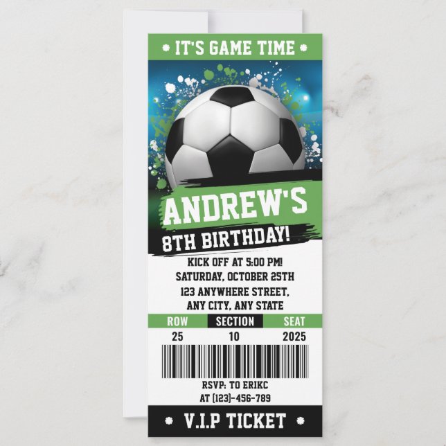 Customizable Soccer Printable Ticket Birthday Invitation (Front)