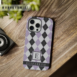 Customizable Soft Lavender Purple Black Argyle iPhone 15 Pro Max Case
