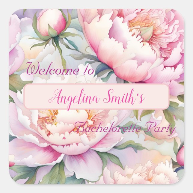Customizable Soft Pink Peony Bachelorette Party Square Sticker (Front)