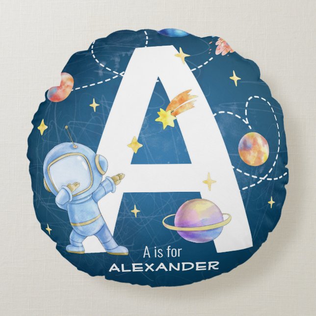 Customizable Space Adventure Letter 'A'  Round Pillow (Front)