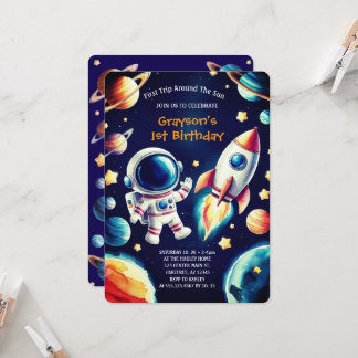 Customizable Space-Themed 1st Birthday Invitation 