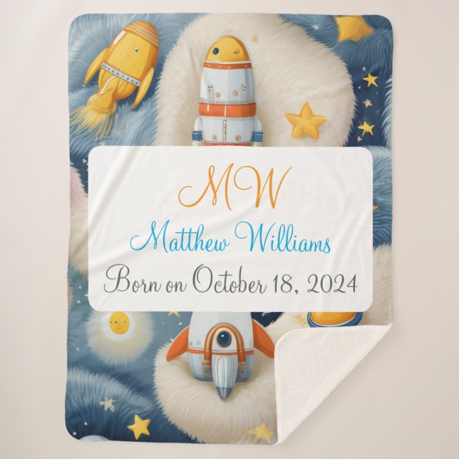 Customizable Space with Name, Monogram & Birthday Sherpa Blanket (Front)