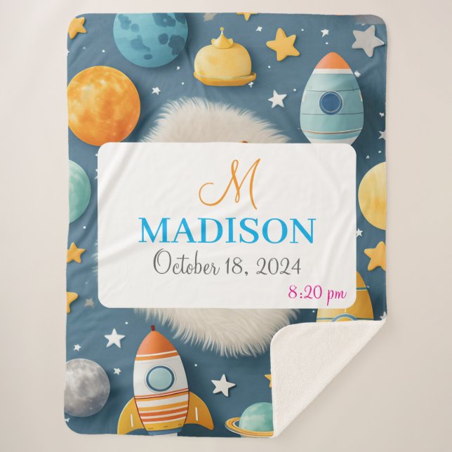 Customizable Space with Name, Monogram & Birthday Sherpa Blanket (Front)