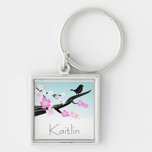 Customizable sparrow bird cherry blossoms graphic keychain (Front)