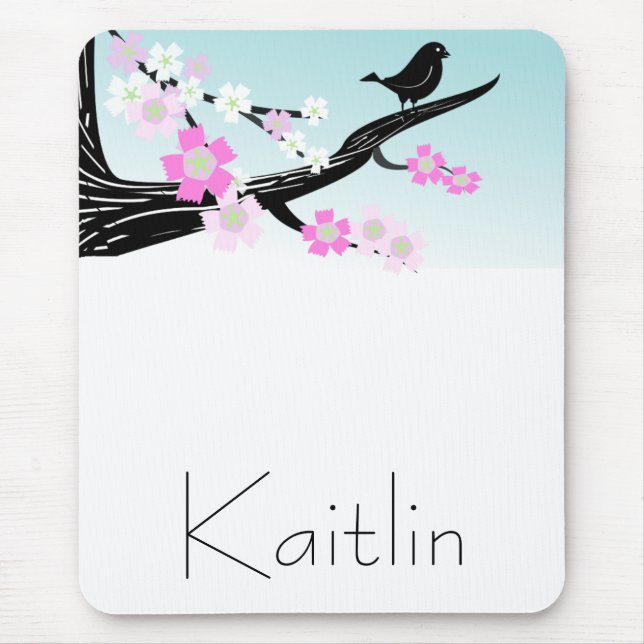 Customizable sparrow bird cherry blossoms graphic mouse pad (Front)