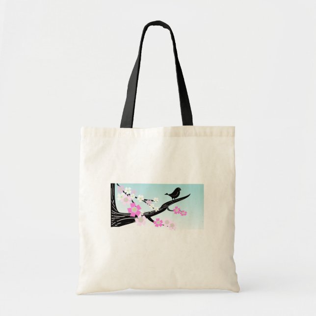 Customizable sparrow bird cherry blossoms graphic tote bag (Front)