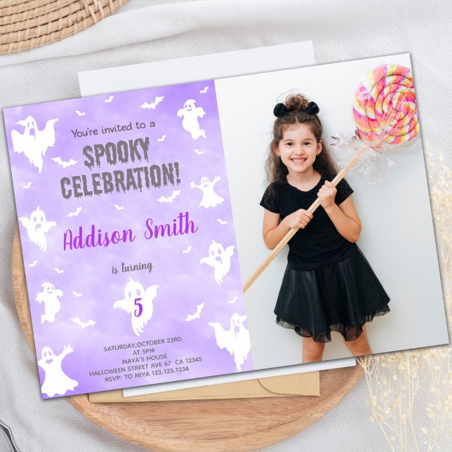 Customizable Spooky Party Invitations for Kids (Purple Halloween Birthday Invitations w photo)