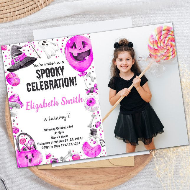 Customizable Spooky Party Invitations for Kids (Pink Halloween Invitations with photo)