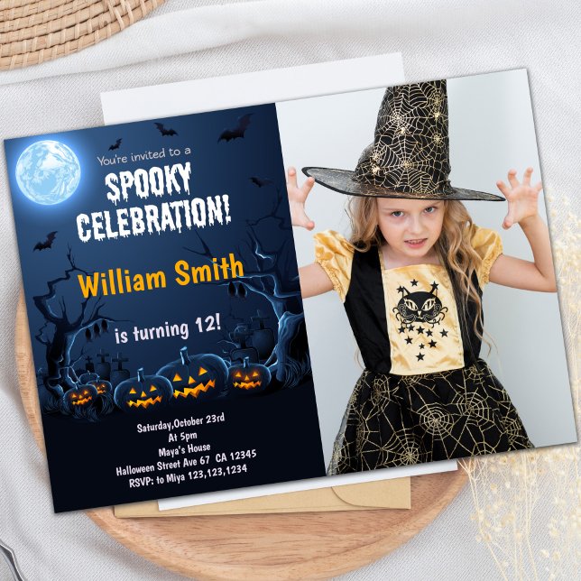 Customizable Spooky Party Invitations for Kids (Pumpkins Halloween Birthday Invitations w photo)