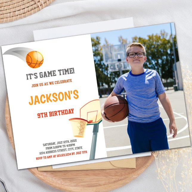 Customizable Sports Party Invitations for Kids (Basketball On Basket Invitations with photo)