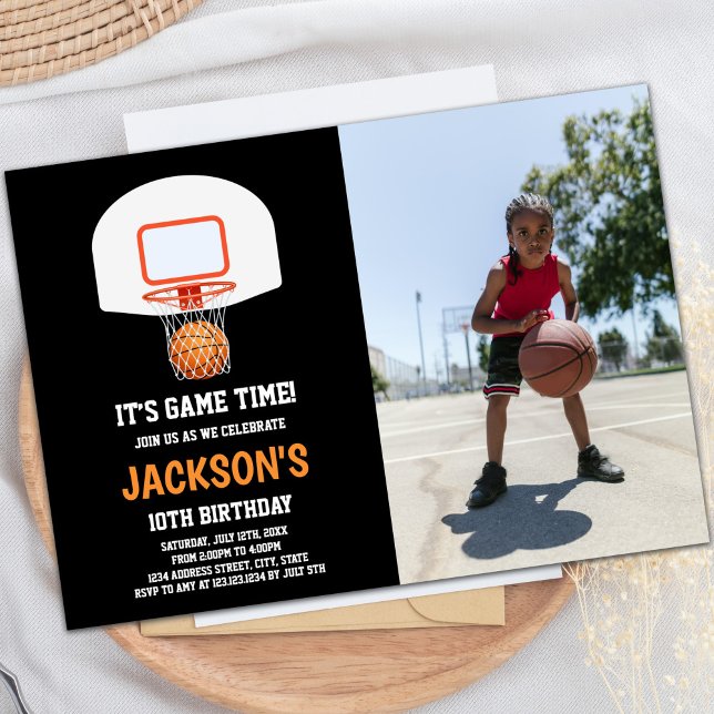 Customizable Sports Party Invitations for Kids (Black Basket Basketball Invitations with photo)