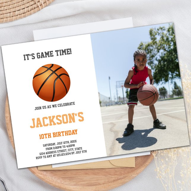 Customizable Sports Party Invitations for Kids (Basketball Ball White Invitations with photo)