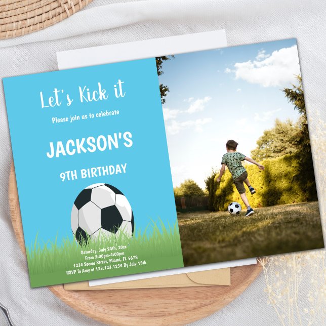 Customizable Sports Party Invitations for Kids (Blue sky Ball On Grass Soccer Birthday Photo Invitation)