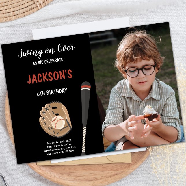 Customizable Sports Party Invitations for Kids (Black Background Baseball Birthday Invitations pho)