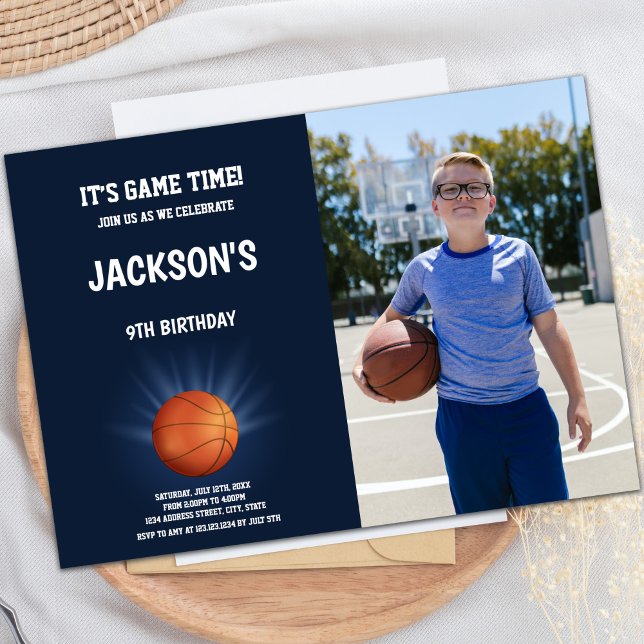 Customizable Sports Party Invitations for Kids (Basketball Shine Birthday Invitations with photo)