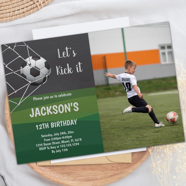Customizable Sports Party Invitations for Kids (Green Black Goal Soccer Invitation White Text phot)