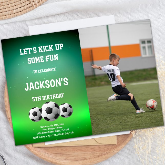 Customizable Sports Party Invitations for Kids (Three Balls Soccer Birthday Invitations with photo)