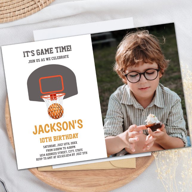Customizable Sports Party Invitations for Kids (Basket Orange Ball Basketball Invitations w photo)