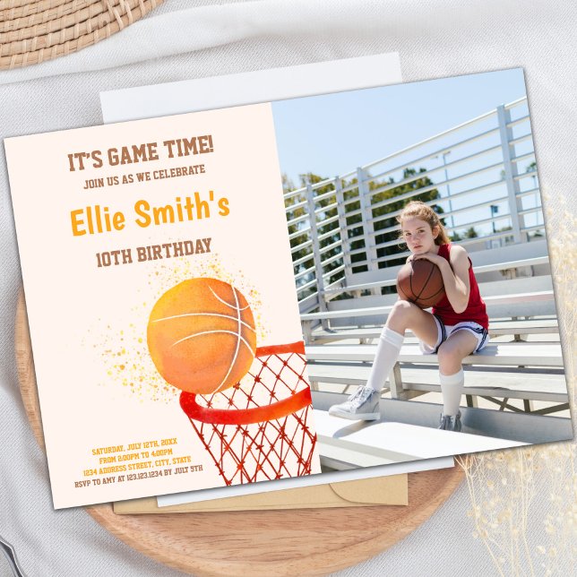 Customizable Sports Party Invitations for Kids (Light Orange Basketball Invitations with photo)